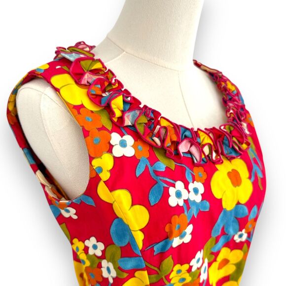 Vintage McMullen Sleeveless Floral Dress Ruffle Neck/Hem Hidden Backzip, Pockets - Picture 4 of 10